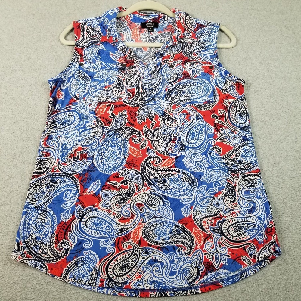 Jones New York Top Women's‎ S Small Blue Red Paisley Sleeveless Blouse Stretch